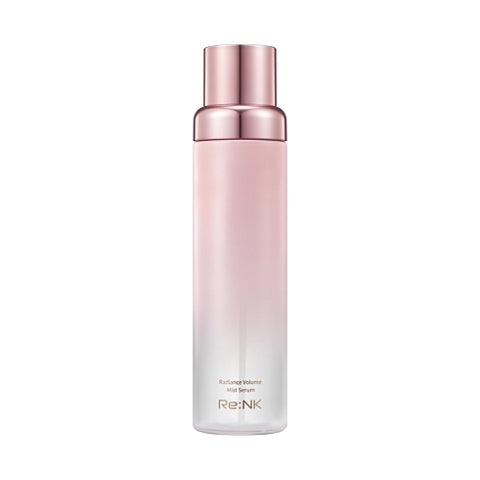 Skincare serum bottle with gradient design and rose gold cap on a white background AgelessBeauty3000.com Re:NK | RADIANCE VOLUME MIST SERUM