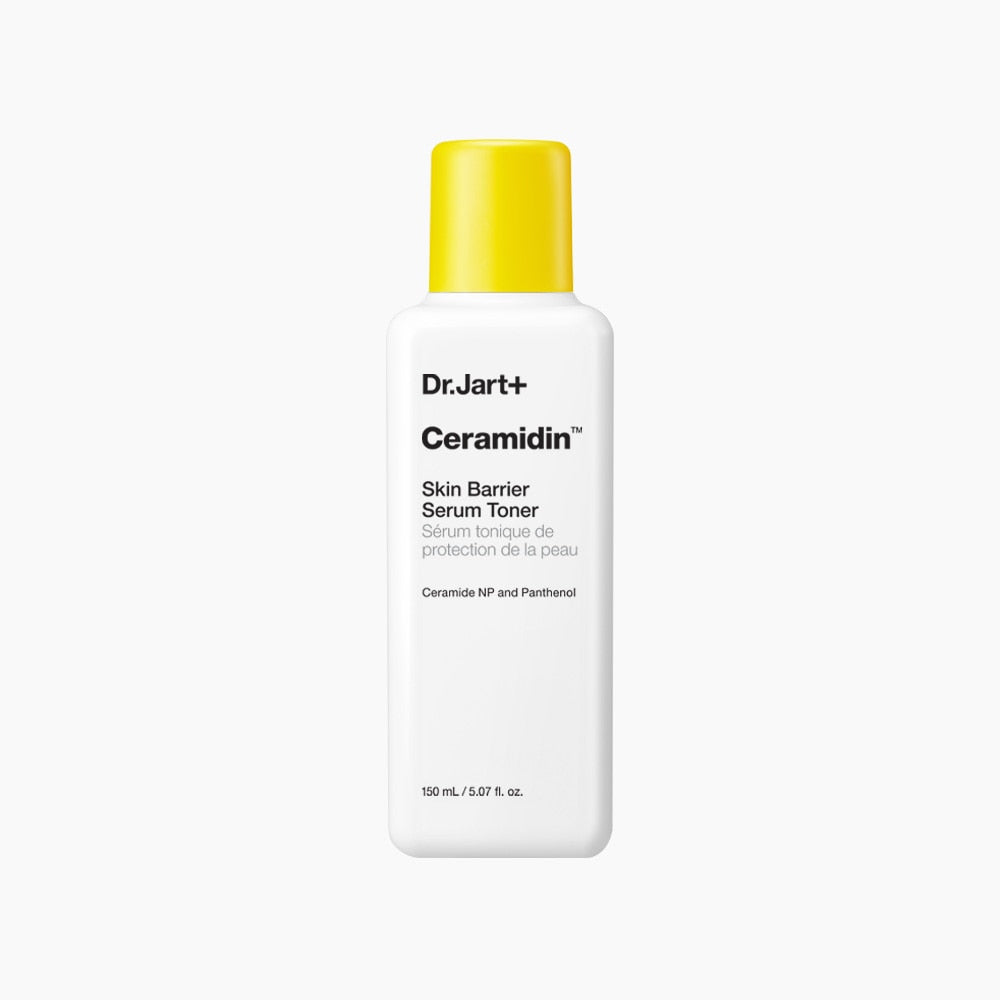 Dr. Jart+ Ceramidin Skin Barrier Serum Toner bottle with yellow cap on a white background AgelessBeauty3000.com Dr. Jart+ | Ceramidin Skin Barrier Serum Toner