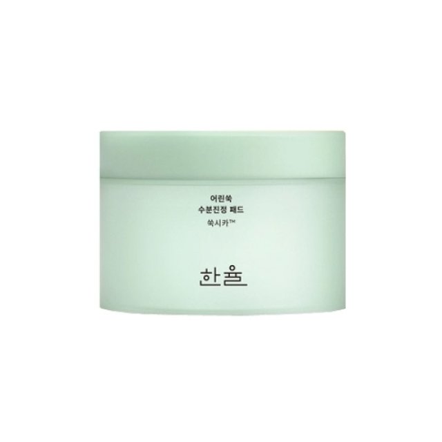 Green container with Korean text on a white background AgelessBeauty3000.com HANYUL | Pure Artemisia Watery Calming Pads