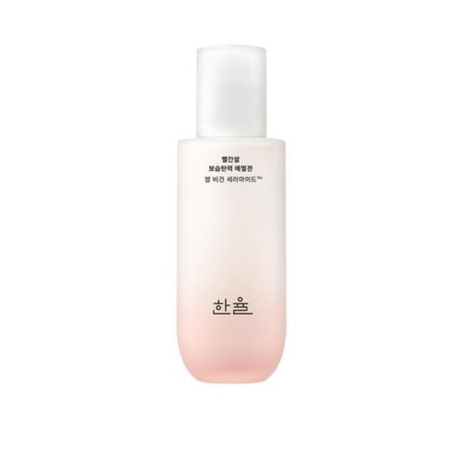 Skincare bottle with a white cap and pink body on a white background AgelessBeauty3000.com HANYUL | Red Rice Moisture Firming Emulsion