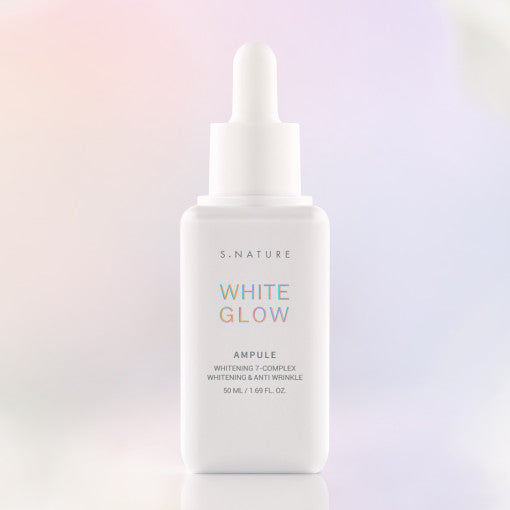 AgelessBeauty3000.com S.NATURE | White Glow Ampoule White skincare ampoule bottle labeled 'White Glow' on a light gradient background