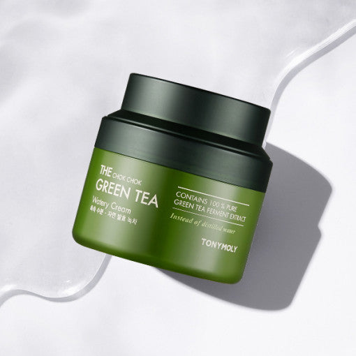 AgelessBeauty3000.com TONYMOLY | THE CHOK CHOK Green Tea Watery Cream Green jar of TONYMOLY Green Tea Watery Cream on a white background
