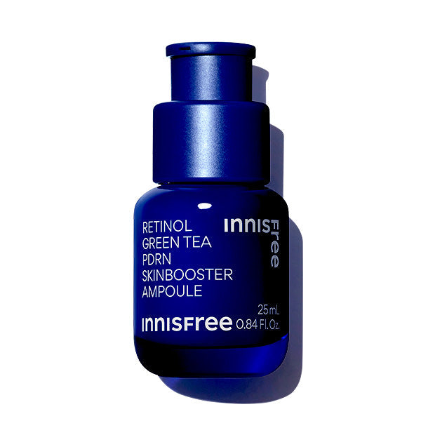 AgelessBeauty3000.com INNISFREE | Retinol Green Tea PDRN Skinbooster Ampoule Blue skincare ampoule bottle with 'innisfree' branding on a white background