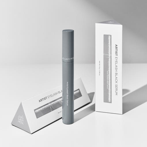 Two mascara tubes, one beige and one gray, on a white background. AgelessBeauty3000.com JUNGSAEMMOOL | Artist Eyelash Serum