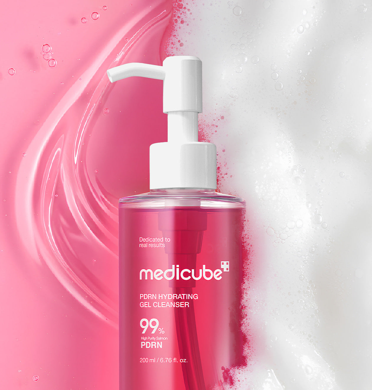 AgelessBeauty3000.com medicube | PDRN Gel to Foam Cleanser Pink bottle of Medicube gel cleanser with a white pump on a pink and white background