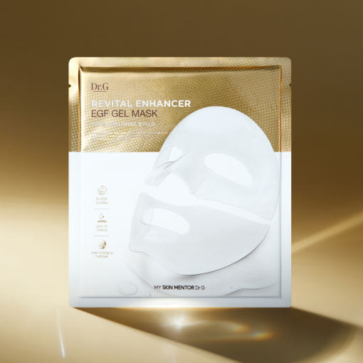 AgelessBeauty3000.com Dr.G Revital Enhancer EGF Gel Mask Dr.G Revital Enhancer EGF Gel Mask packaging on a gold background