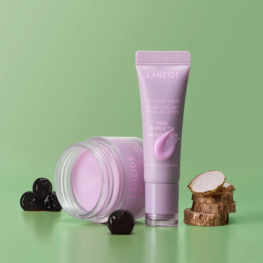 Laneige lip balm with packaging on a white background AgelessBeauty3000.com LANEIGE | LIP GLOWY BALM in Taro Bubble Tea