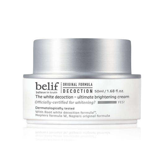 Silver and white jar of belif Decoction cream on a white background   AgelessBeauty3000.com  belif  | The White Decoction – Ultimate Brightening Cream