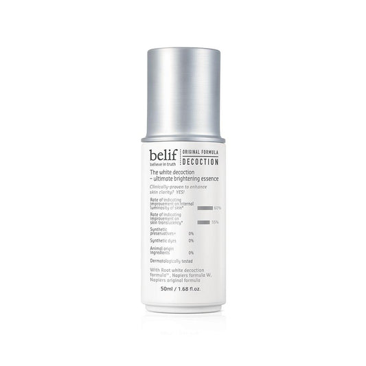 Skincare bottle with silver cap and white label on a white background  AgelessBeauty3000.com  belif  | The White Decoction – Ultimate Brightening Essence