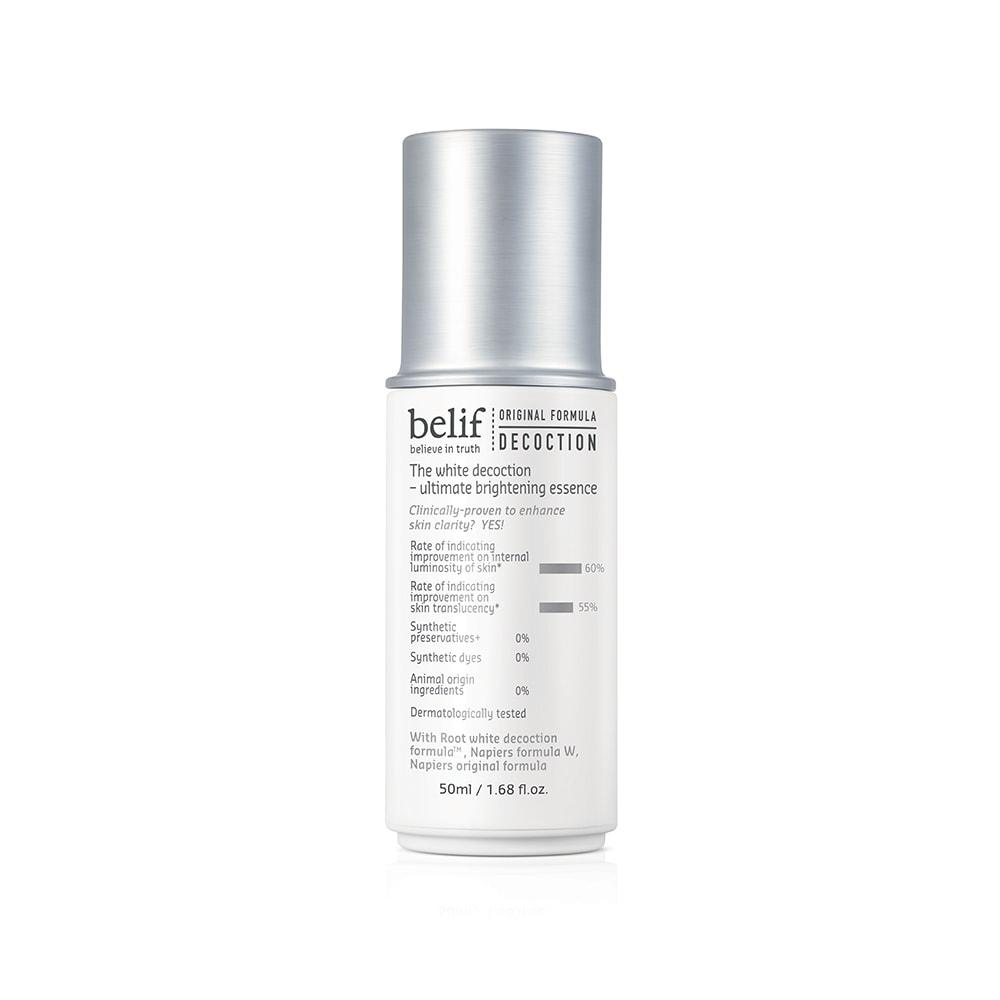 Skincare bottle with silver cap and white label on a white background  AgelessBeauty3000.com  belif  | The White Decoction – Ultimate Brightening Essence