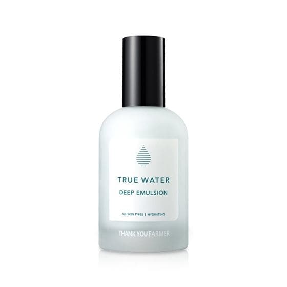 Bottle of True Water Deep Emulsion with black cap on white background  AgelessBeauty3000.com  THANK YOU FARMER  |  True Water Deep Emulsion