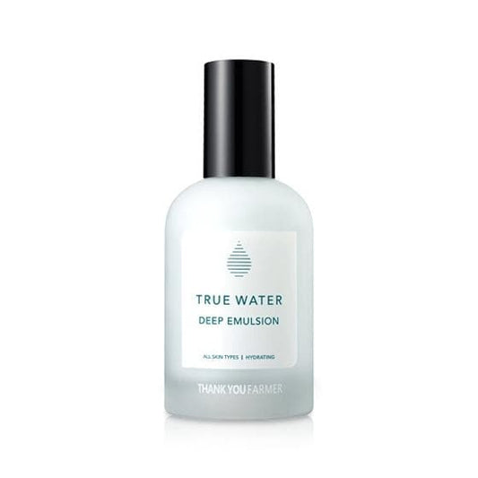 Bottle of True Water Deep Emulsion with black cap on white background  AgelessBeauty3000.com  THANK YOU FARMER  |  True Water Deep Emulsion