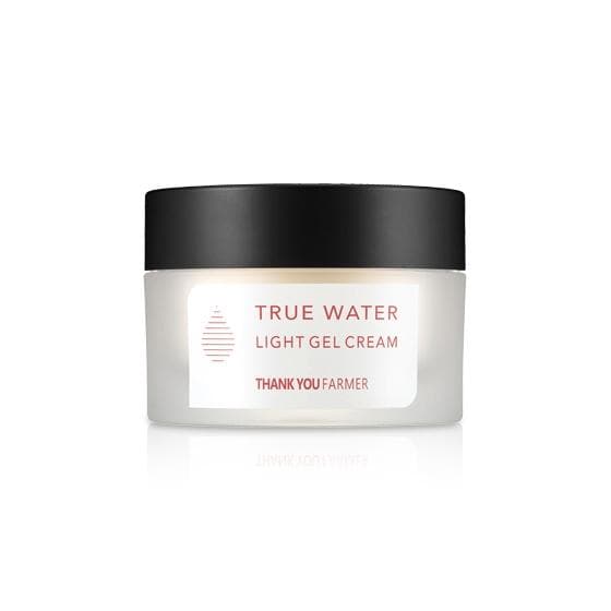 Jar of True Water Light Gel Cream with black lid on a white background  AgelessBeauty3000.com  THANK YOU FARMER  |  True Water Light Gel Cream
