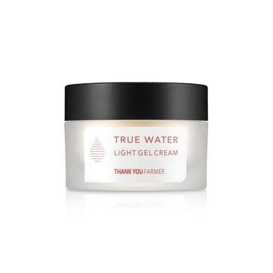 Jar of True Water Light Gel Cream with black lid on a white background  AgelessBeauty3000.com  THANK YOU FARMER  |  True Water Light Gel Cream