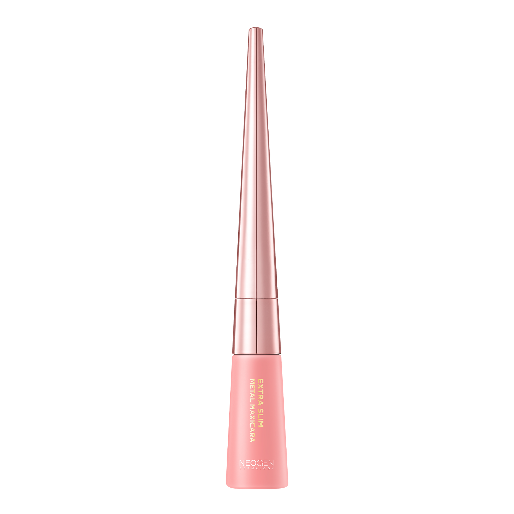 Rose gold makeup brush with black bristle tip on a white background  AgelessBeauty3000.com  NEOGEN DERMALOGY  |  Extra Slim Metal Maxicara BLACK