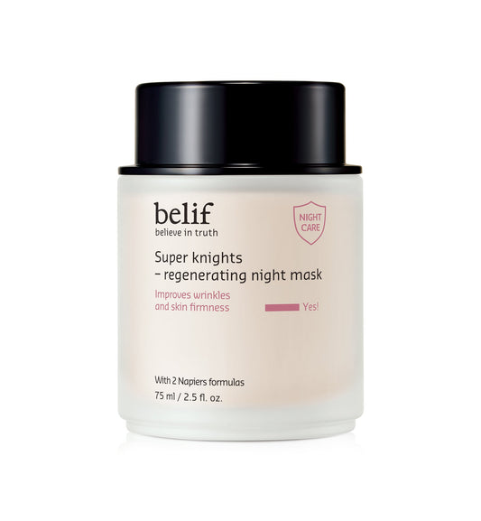 Belif Super Knights regenerating night mask jar on a white background  AgelessBeauty3000.com  belif  | Super Knights Regenerating Night Mask