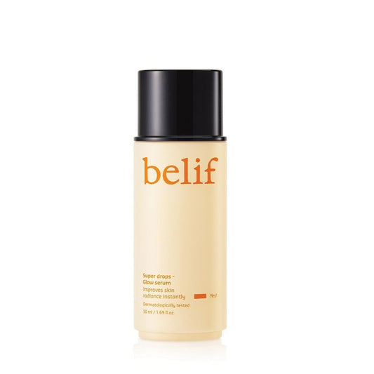 Skincare bottle with 'belif' branding on a white background  AgelessBeauty3000.com  belif  |  Super Drops Glow Serum