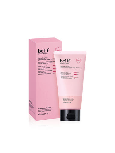belif skincare product and packaging on a white background  AgelessBeauty3000.com  belif | Super Knights Pore Firming Vegan Pack Cleanser