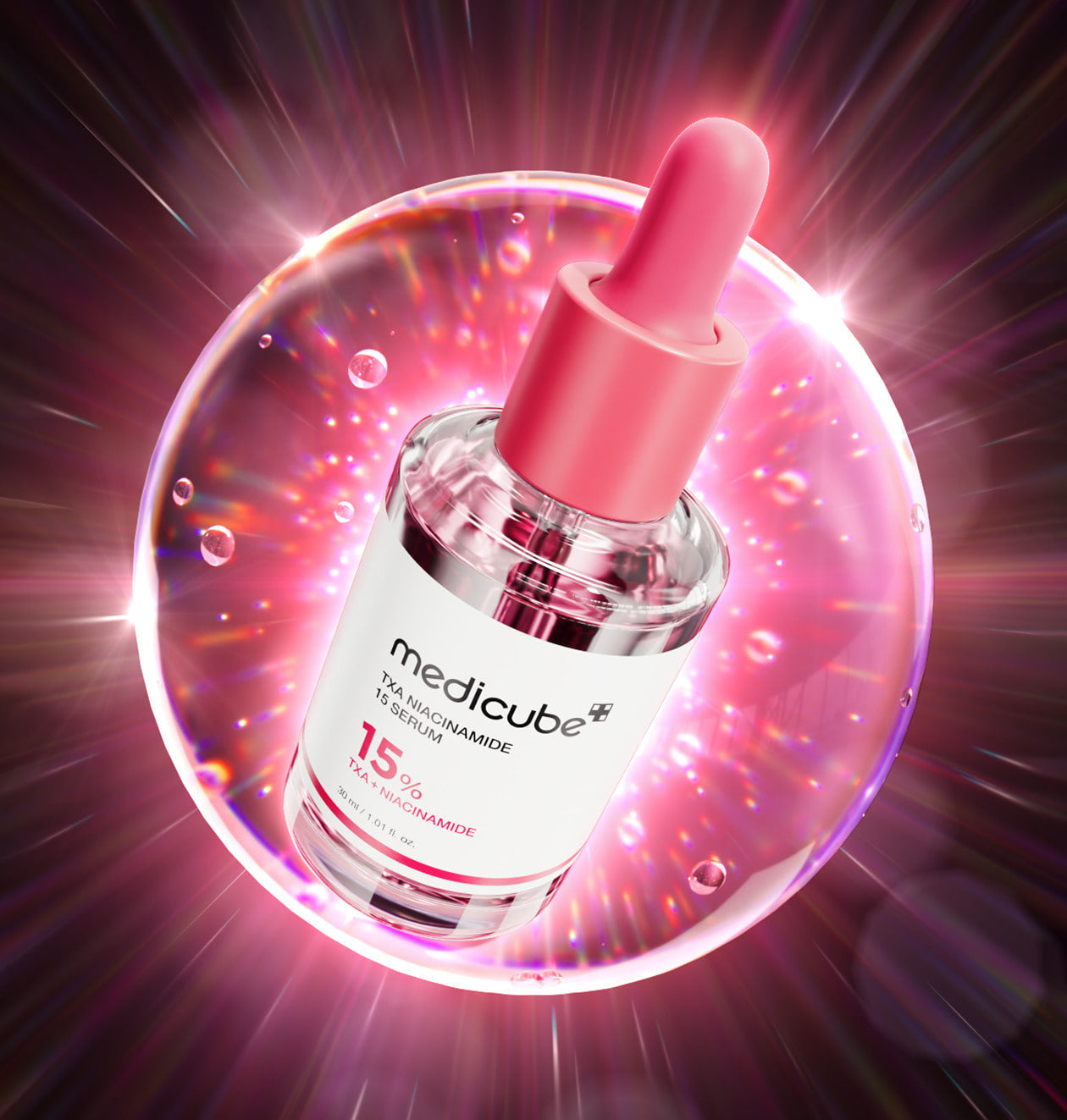 AgelessBeauty3000.com  medicube | TXA Niacinamide 15% Serum   Medicube serum bottle with pink dropper on a colorful, glowing background