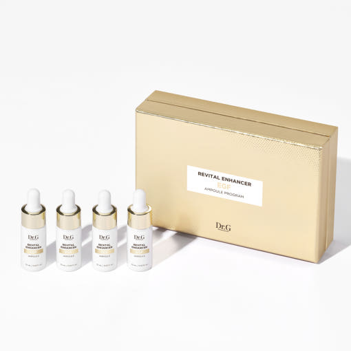 AgelessBeauty3000.com  Dr.G | Revital Enhancer EGF Ampoule Program  Set of Dr.G skincare ampoules with a gold box on a white background