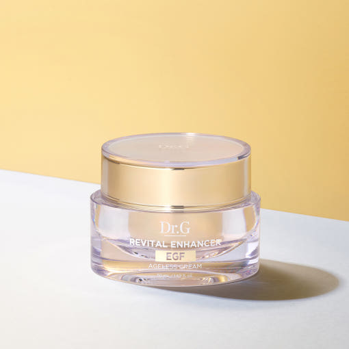 AgelessBeauty3000.com  Dr.G | Revital Enhancer EGF Ageless Cream  Dr.G Revital Enhancer EGF cream jar on a white surface with a yellow background