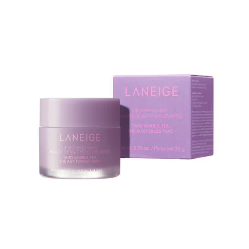 Laneige lip balm with packaging on a white background  AgelessBeauty3000.com  LANEIGE  | Lip Sleeping Mask EX in Taro Bubble Tea