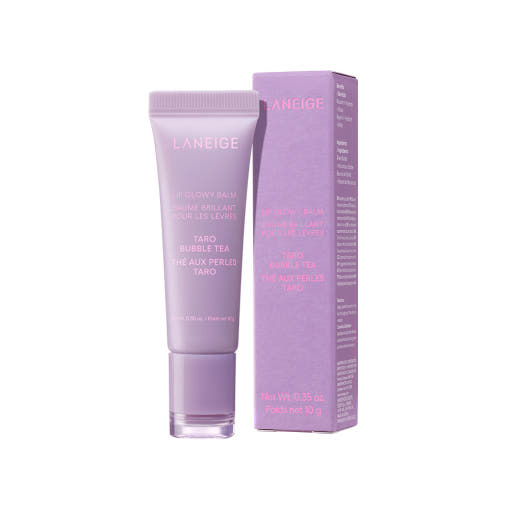 Laneige lip balm with packaging on a white background  AgelessBeauty3000.com  LANEIGE   |  LIP GLOWY BALM  in Taro Bubble Tea