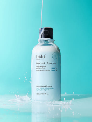 AgelessBeauty3000.com  belif  | Aqua Bomb Frozen Toner  belif Aqua Bomb Frozen Toner bottle with water droplets on a teal background