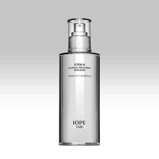 IOPE skincare bottle on a gray background  AgelessBeauty3000.com  IOPE  |  XMD STEM III Clinical Recovery Emulsion