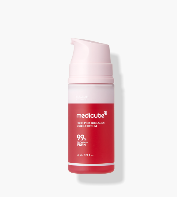 AgelessBeauty3000.com  medicube  | PDRN Pink Collagen Bubble Serum  Red and pink Medicube serum bottle on a white background