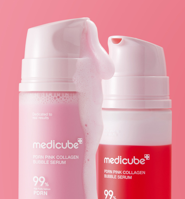 AgelessBeauty3000.com  medicube  | PDRN Pink Collagen Bubble Serum  Red and pink Medicube serum bottle on a white background