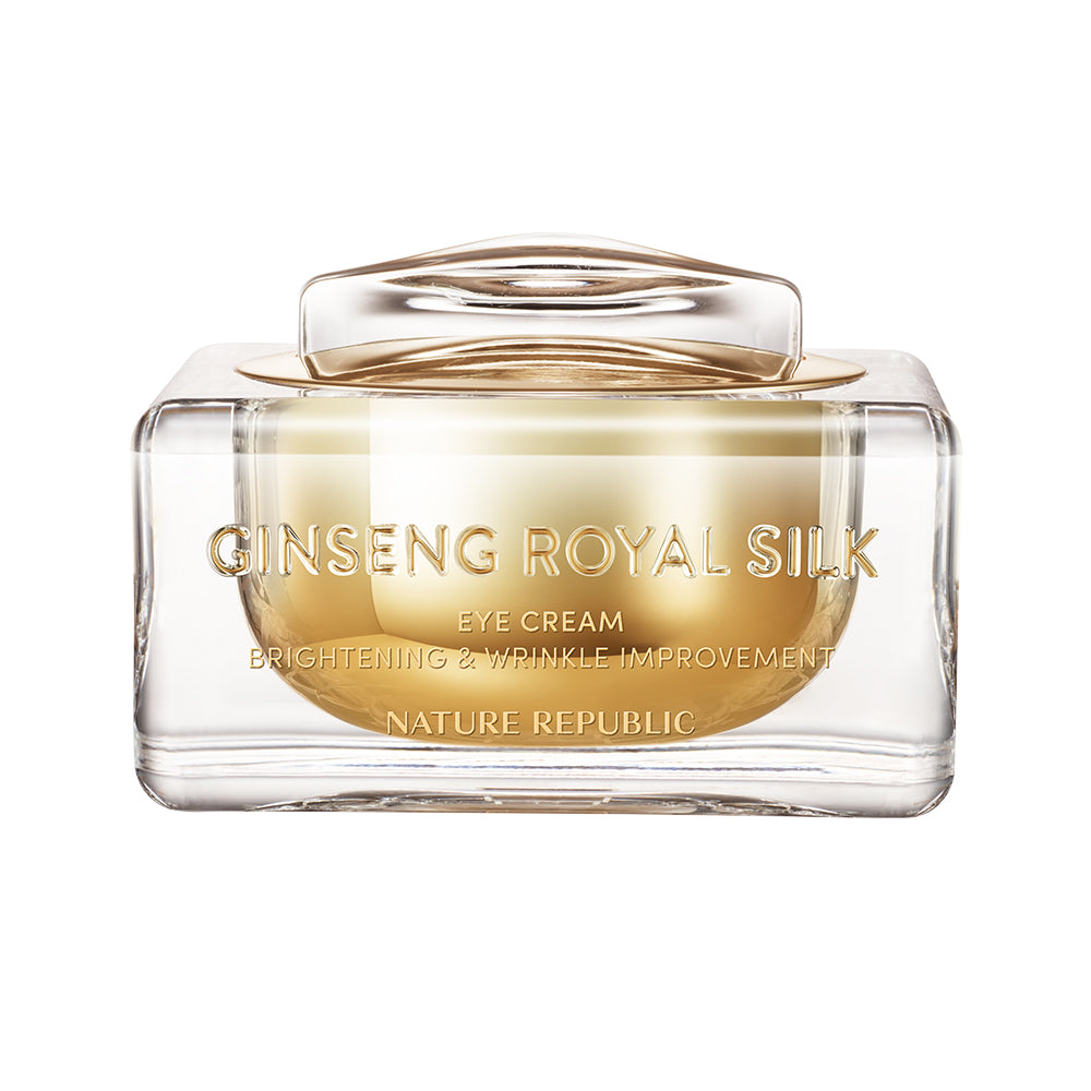 AgelessBeauty3000.com  NATURE REPUBLIC | Ginseng Royal Silk Eye Cream    Ginseng Royal Silk eye cream jar with gold lid on a white background