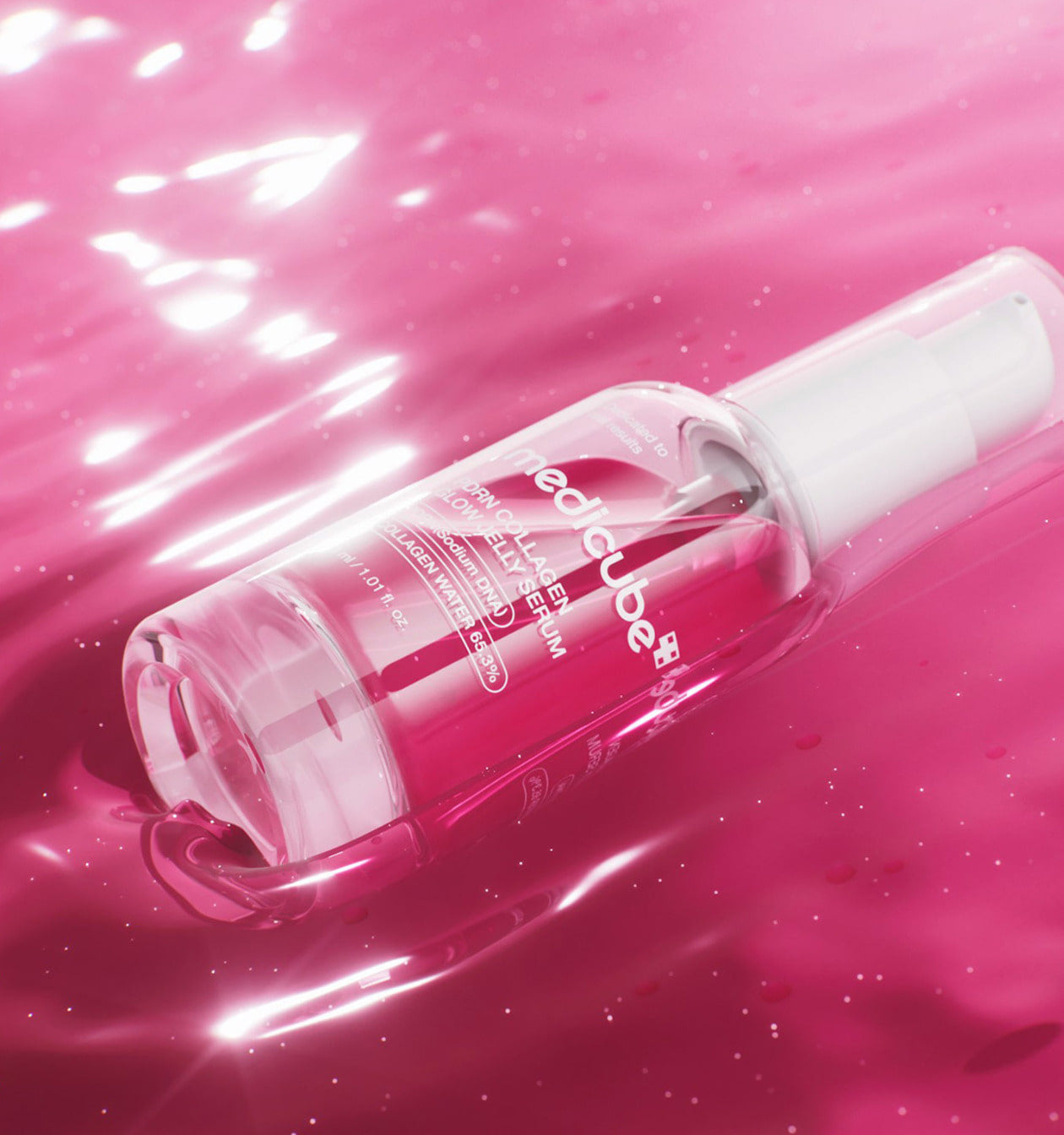 AgelessBeauty3000.com  medicube  | PDRN Collagen Glow Jelly Serum  Medicube pink collagen serum bottle on a white background