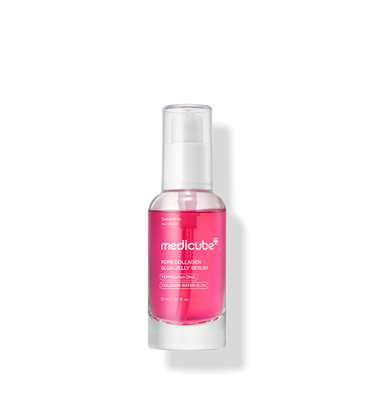 AgelessBeauty3000.com  medicube  | PDRN Collagen Glow Jelly Serum  Medicube pink collagen serum bottle on a white background