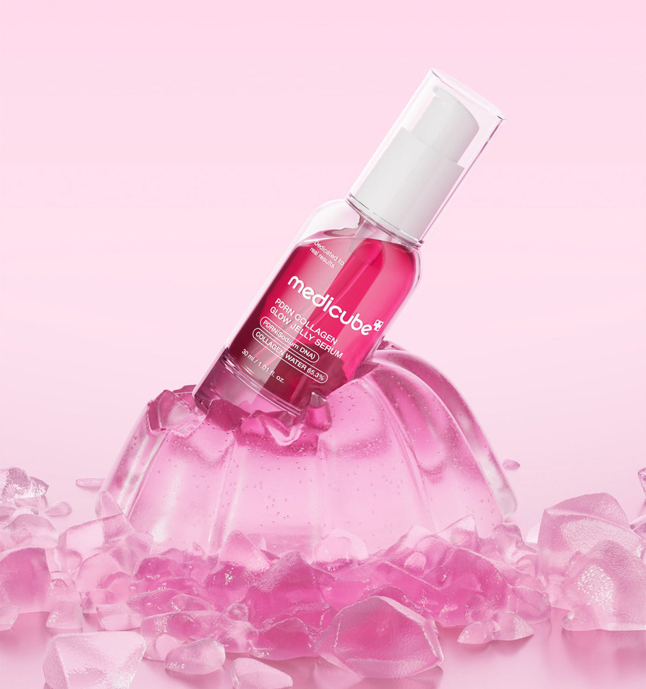 AgelessBeauty3000.com  medicube  | PDRN Collagen Glow Jelly Serum  Medicube pink collagen serum bottle on a white background