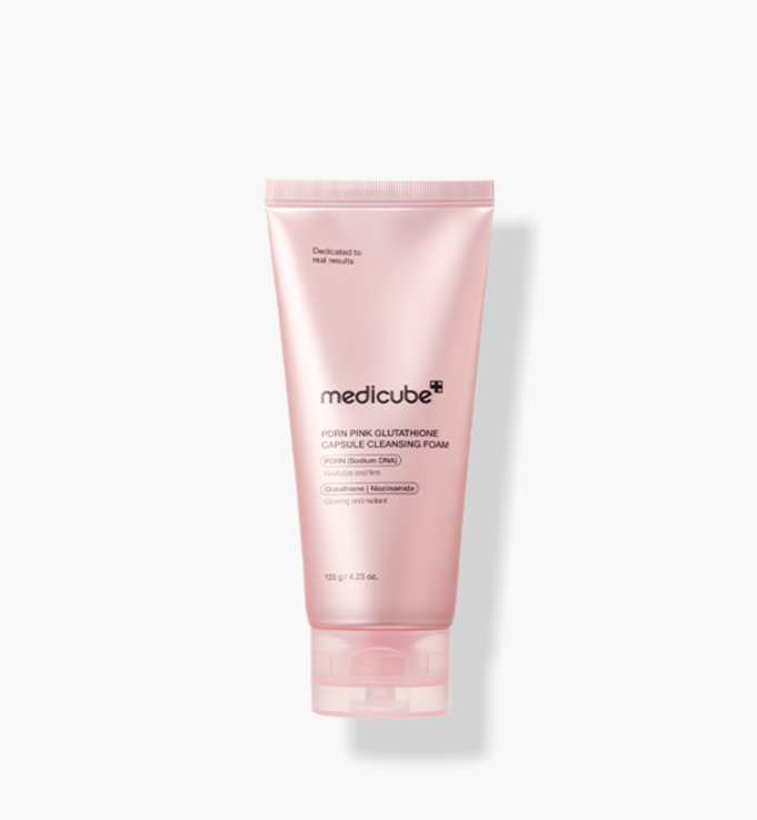 AgelessBeauty3000.com  medicube  | PDRN Pink Glutathione Capsule Cleansing Foam   Pink tube of Medicube cleansing foam on a white background