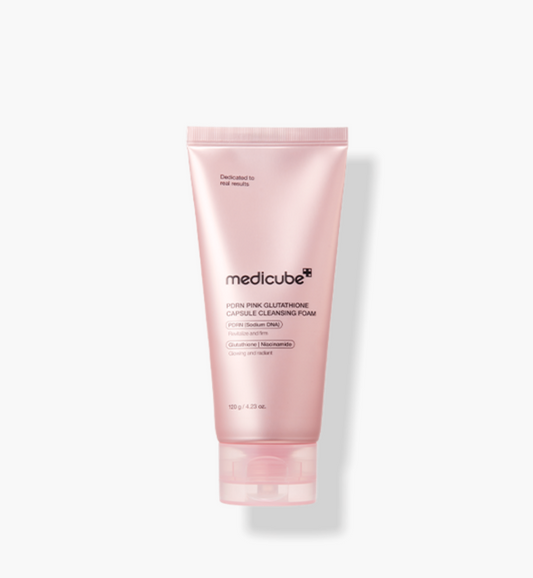 AgelessBeauty3000.com  medicube  | PDRN Pink Glutathione Capsule Cleansing Foam   Pink tube of Medicube cleansing foam on a white background