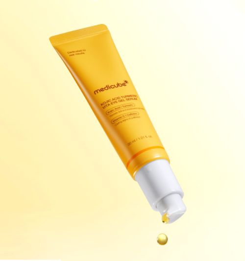 AgelessBeauty3000.com medicube | Kojic Acid Turmeric Vita Eye Gel Serum MediLube eye gel tube on a light yellow background