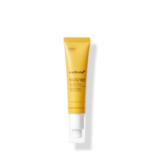 AgelessBeauty3000.com medicube | Kojic Acid Turmeric Vita Eye Gel Serum Yellow skincare tube with white cap on a white background