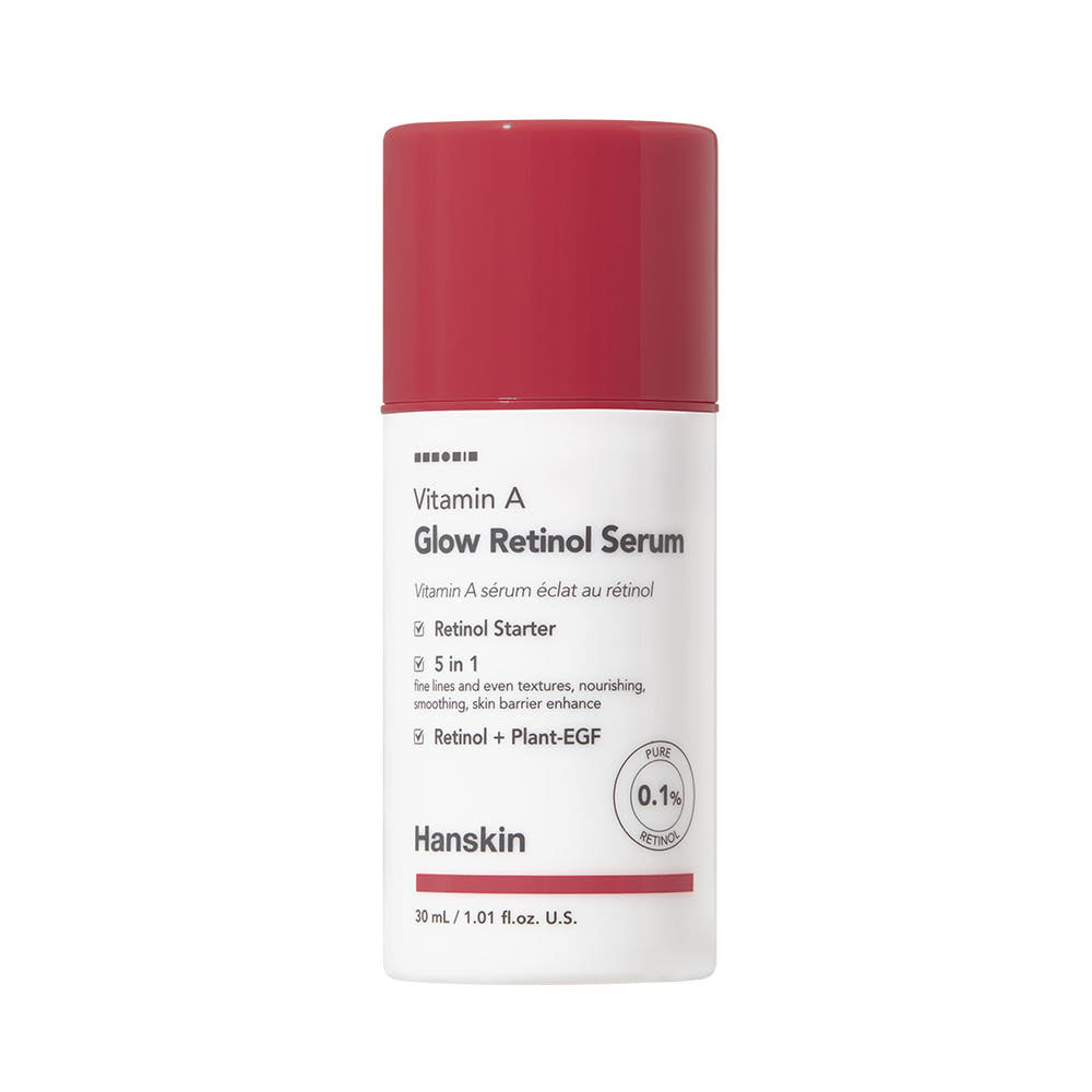 AgelessBeauty3000.com   Hanskin Vitamin A Glow Retinol Serum bottle with red cap on a white background
