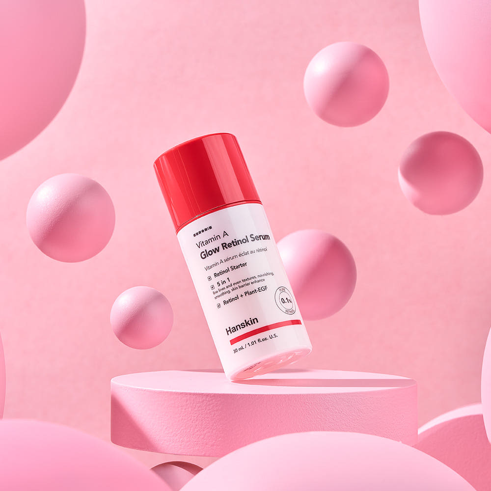 AgelessBeauty3000.com   Hanskin Vitamin A Glow Retinol Serum bottle on a pink background with geometric shapes