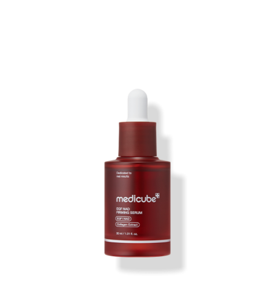 AgelessBeauty3000.com  medicube | EGF NAD Firming Serum  Red serum bottle with dropper on a white background