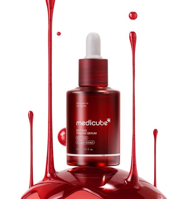 AgelessBeauty3000.com  medicube | EGF NAD Firming Serum   Red serum bottle with dropper labeled 'medicube' on a white background
