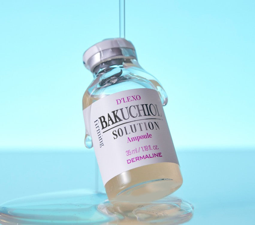 AgelessBeauty3000.com  DERMALINE D'LEXO | Bakuchiol Firming Solution Ampoule  Bottle labeled 'BAKUCHIO SOLUTION' on a reflective surface with a light blue gradient background